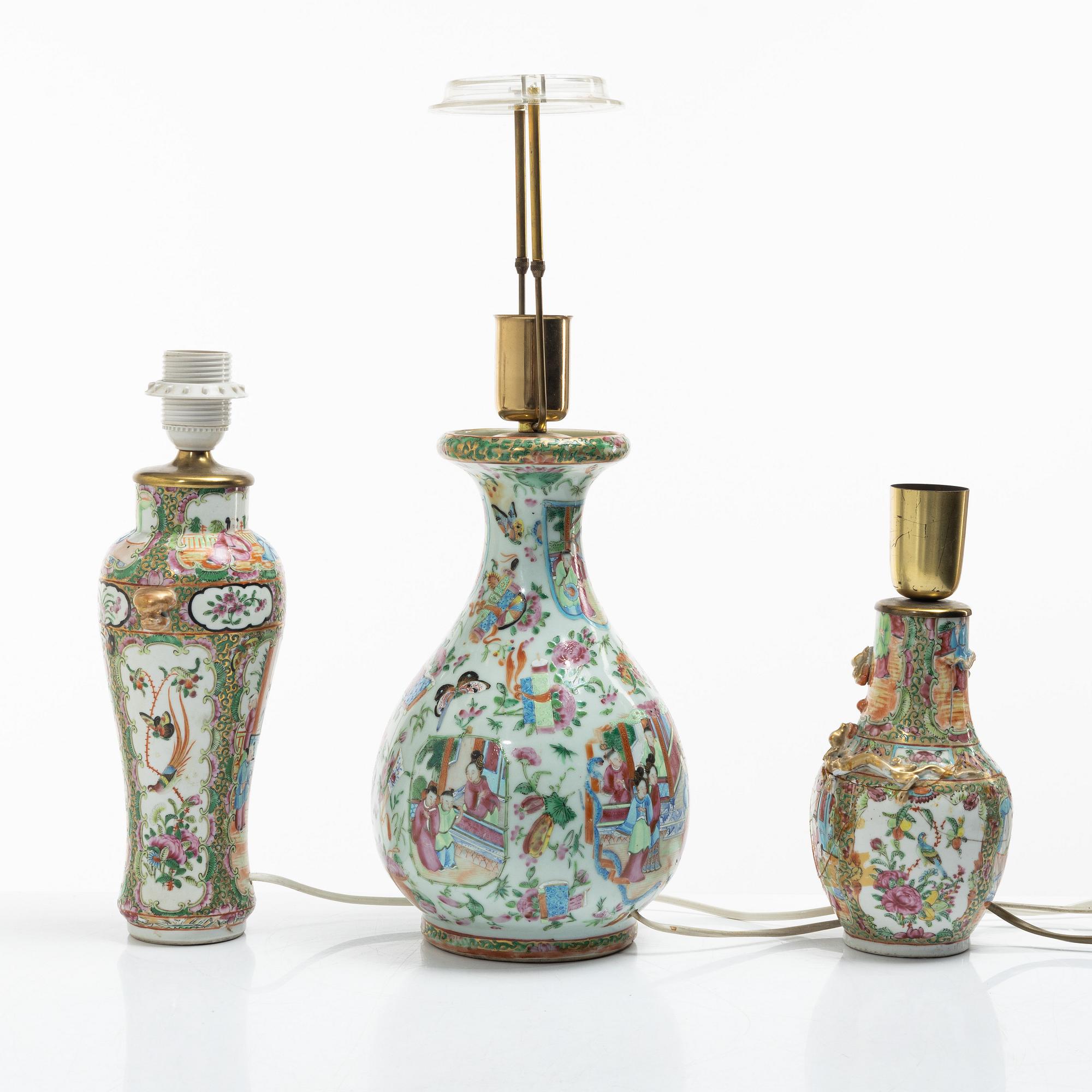 Bordslampor, 3 st, porslin, Kanton, Kina, Qingdynastin, 1800-tal.