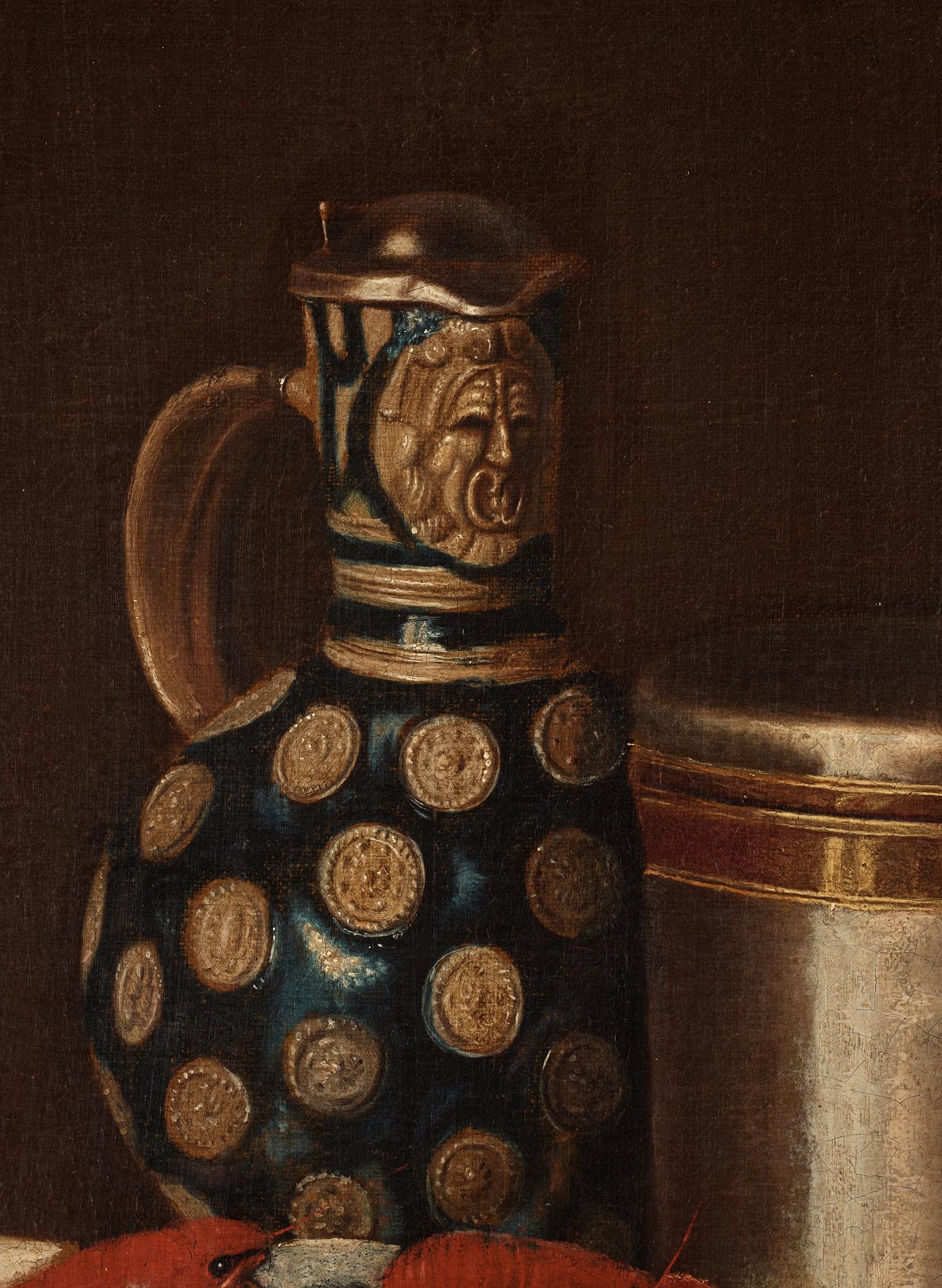 Svensk konstnär 1700-tal i Pehr Hilleström / Lars Henning Bomans art, Stilleben med kräftor och dryckeskannor.