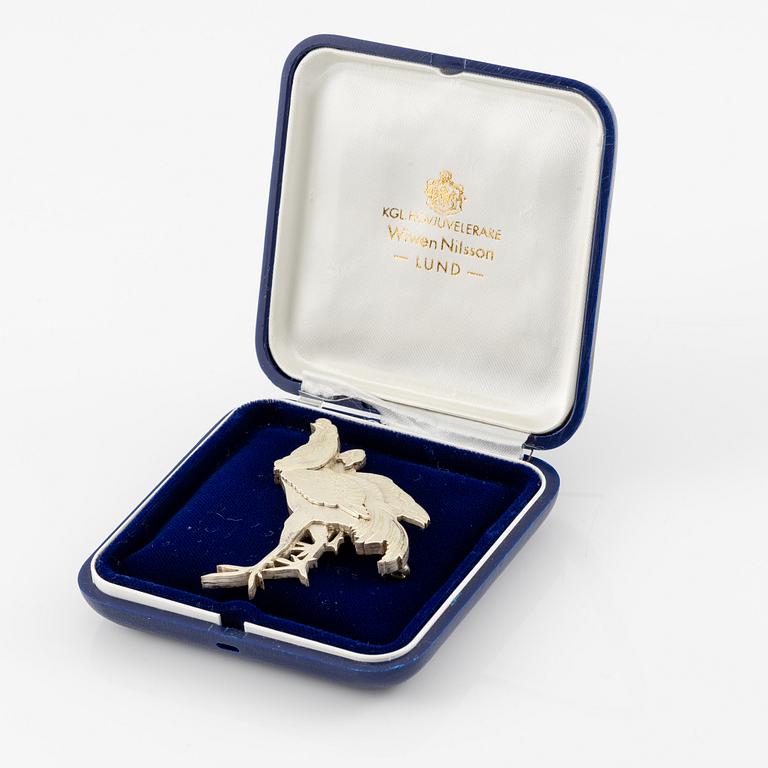 Wiwen Nilsson, a brooch, sterling silver, in the form of roosters, Lund 1959.