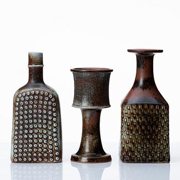 Stig Lindberg, three stoneware vases, Gustavsberg studio, Sweden 1967-70.