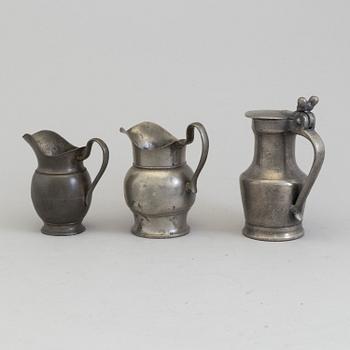THREE PEWTER JUGS, 18th/19th century.