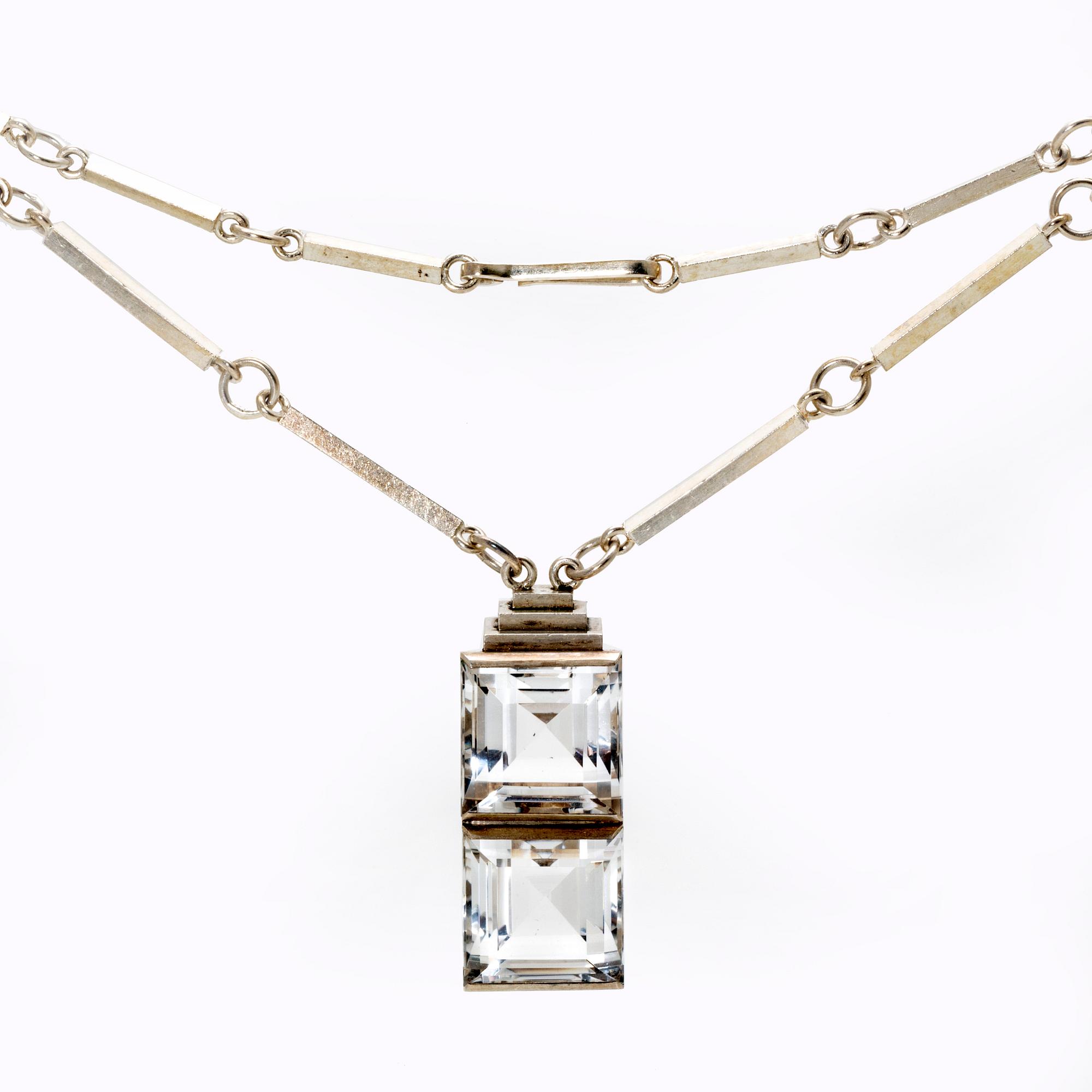 Wiwen Nilsson, pendant on chain, sterling silver, two rock crystal sapprox 15 x 15 mm each, Lund 1945.
