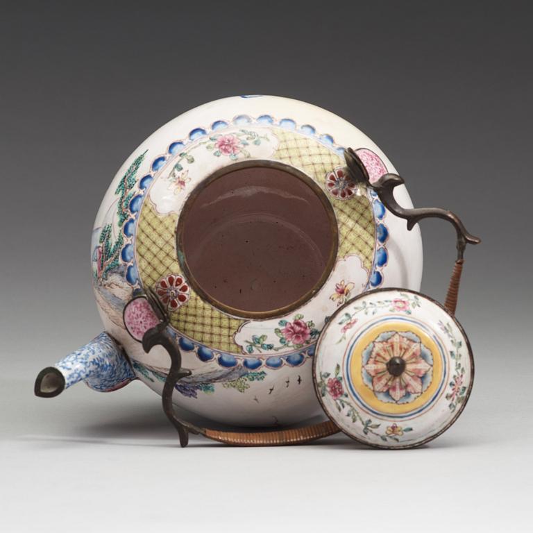 An export enamel on copper tea pot with cover, Qing dynasty, 18th Century.