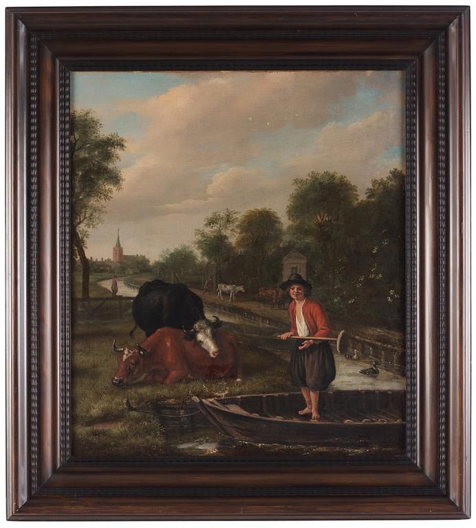 Jan Victors Attributed to, A meadow Landscape with a boy in a punt with cows nearby, a village beyond.