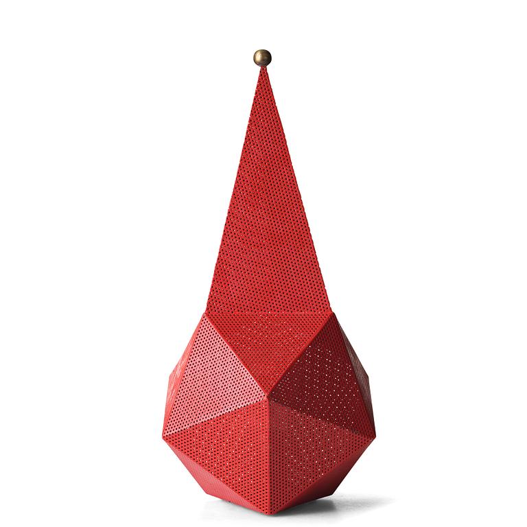 Mathieu Matégot, a "Bagdad" red lacquered perforated and corrugated sheet metal table lamp, ed. Atelier Mategot, France post 1954.