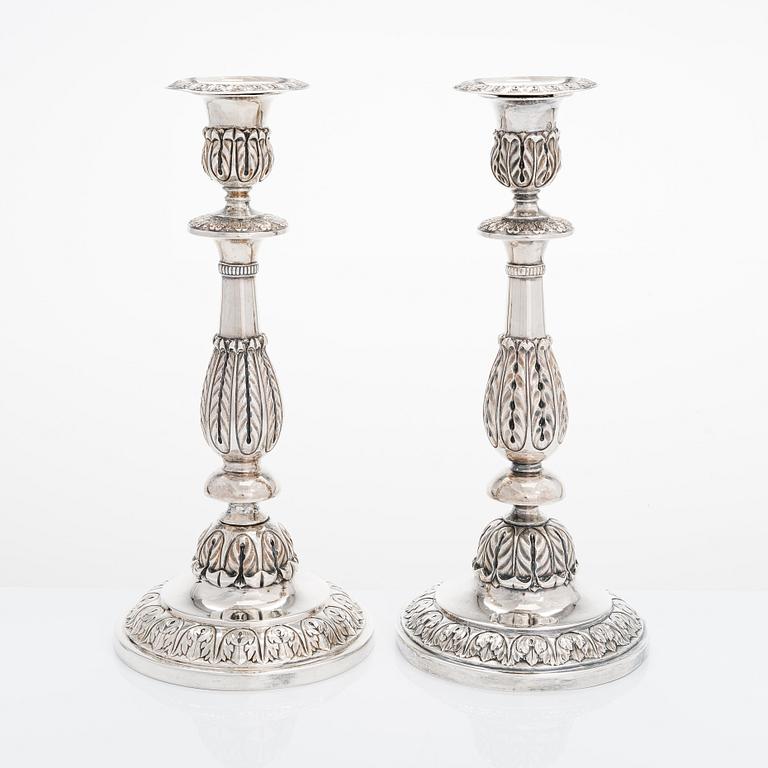 A pair of Russian silver candlesticks, maker's mark of Carl Johan Heyne, Saint Petersburg 1825.