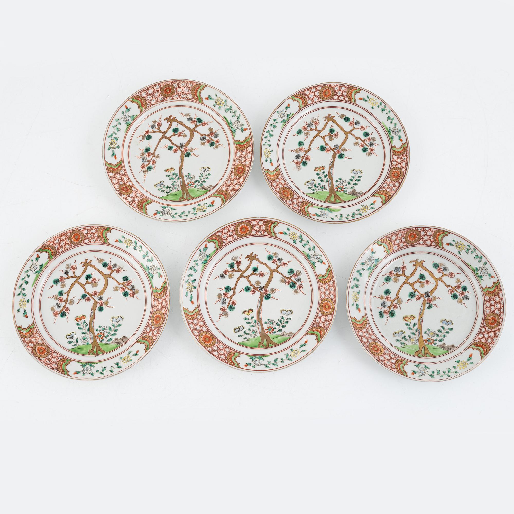 Five porcelain plates, Aoki Kyodai-Shikai, Arita, first half of the 20th century.