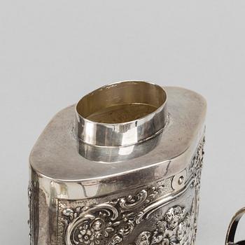 A set of four different silver objects, different makers and origin, silver, weight ca 442 gr.