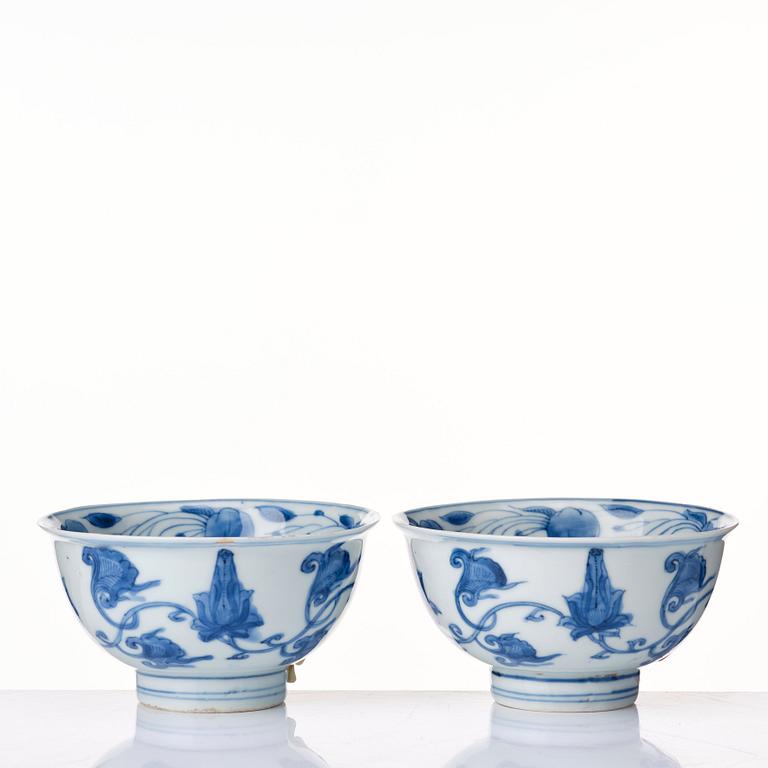 A pair of blue and whtie bowls, Ming dynasty, Wanli 17th Century with Chenghua mark.