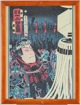 TOYOHARA KUNICHIKA (1835–1900) and UTAGAWA KUNISADA (1786-1864), three coloured woodblock prints, 19th century.