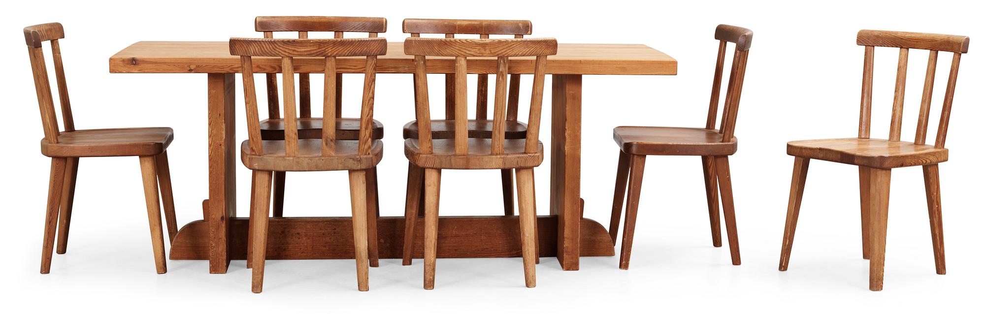 An Axel Einar Hjorth 'Sandhamn' pine dinner table with six chairs 'Utö' by NK, 1930's.
