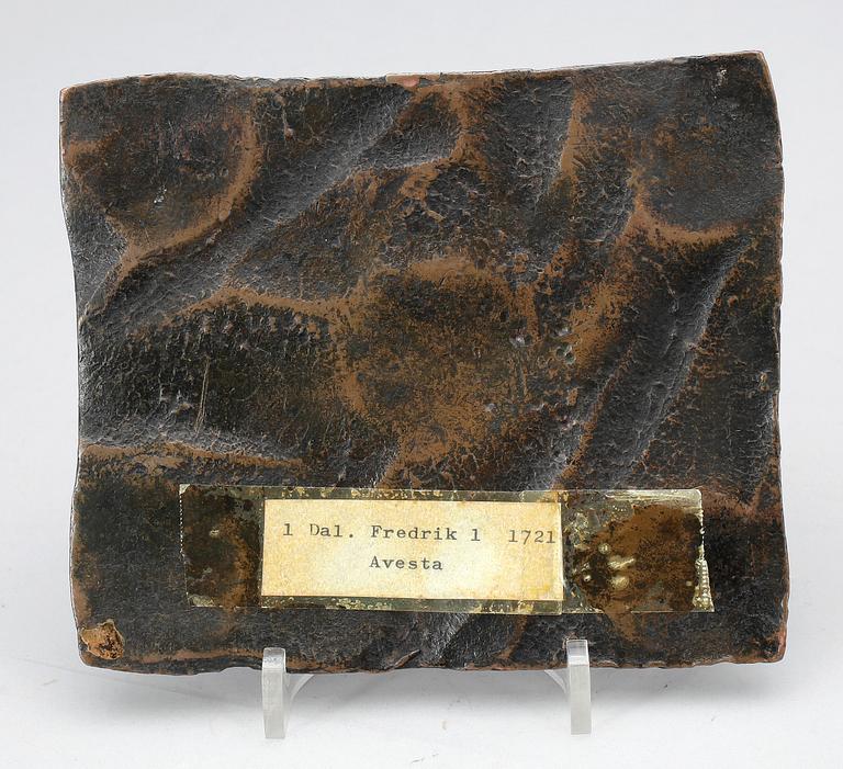 PLÅTMYNT, koppar, 1 daler silvermynt, Fredrik I, Sverige 1721.