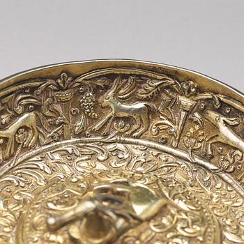 A parcel-gilt silver repoussé bowl, possibly Serbia 17th century, unmarked.