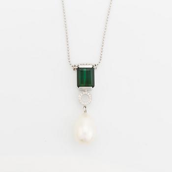 Efva Attling, Green tourmaline, brilliant cut diamond and pearl necklace.