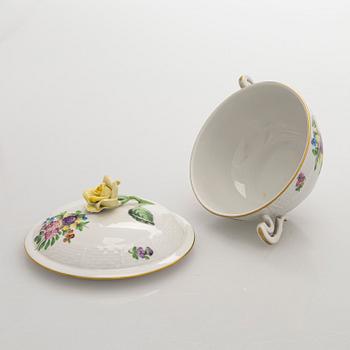 A pair of Herend porcelain candlesticks, and a lidded sugar bowl, Hungary.