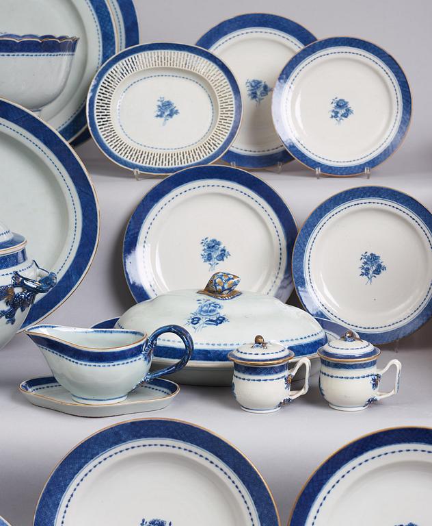 A blue and white dinner service, Qing dynasty, late 18th century. (58 pieces).