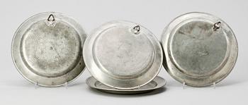 TALLRIKAR, 4 st, tenn, bla Johan Mattsson, Mariestad, 1800-tal.