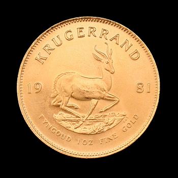 GULDMYNT, finguld, Krugerrand, Sydafrika, 1981. Vikt ca 34 g.