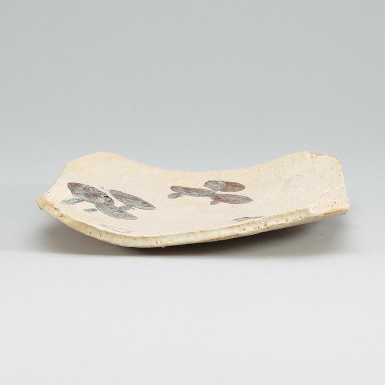 A Rosanjin Kitaoji e-shino ware dish, Japan, in its original box.