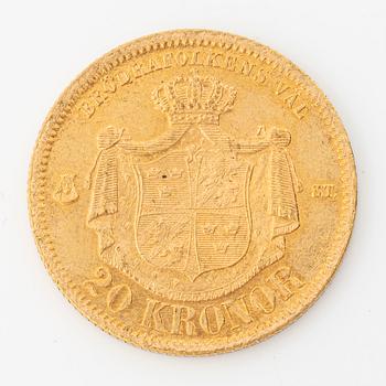 Gold coin, Oscar II, 20 kronor, type I, Sweden 1875.