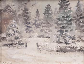 Lindorm Liljefors, Winter landscape with a wooden fence.