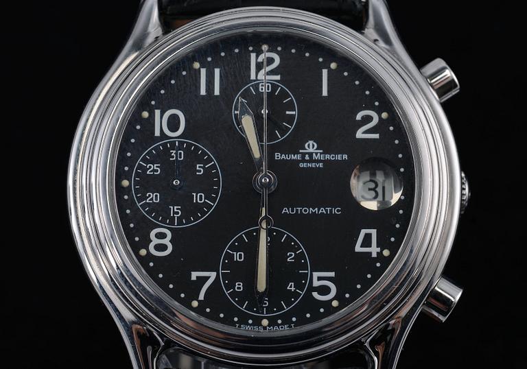 MIESTEN RANNEKELLO, Baume & Merciers chronograph ref. MV040122 Nr 2929224. Alkuperäinen nahkahihna taittolukolla.