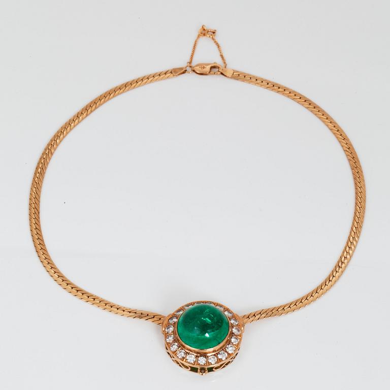 A circa 30.00 ct, probably Colombian, cabochon-cut emerald and circa 3.00 ct brilliant-cut diamond necklace.