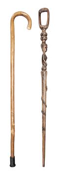 87. TWO WOODEN WALKING STICKS,