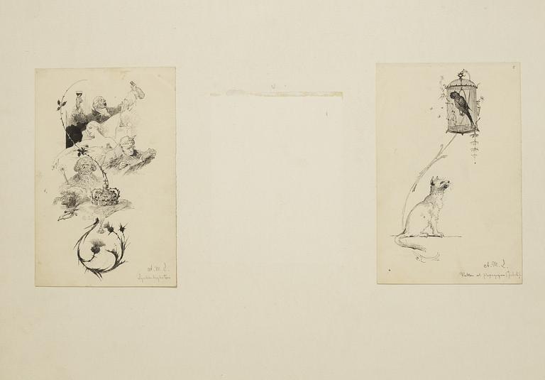 Carl Larsson, 6 st teckningar, signerade C.L., tusch och täckvitt på papper, monterade på kartong.