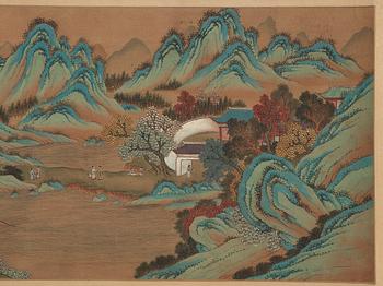 A fine hand scroll landscape painting, copy after Wen Zhengming (1470-1559), late Qing dynasty (1644-1912).