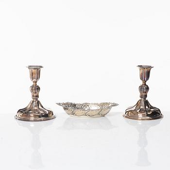Candelsticks, a pair, and a bowl, silver, including with mark of Th Marthinsen, Tönsberg, Norway.