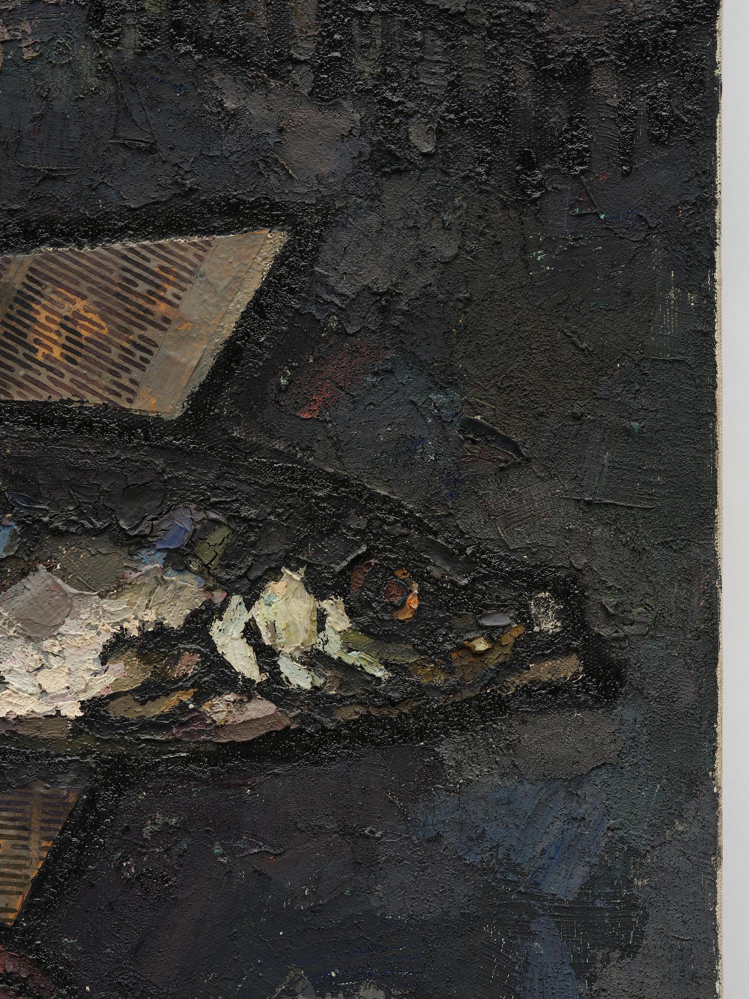Oskar Rabin, Still life with fish, vodka bottle, banknote and newspaper.