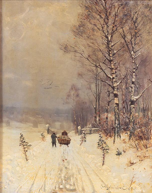 Carl Johansson, Winter landscape with horse and carriage.
