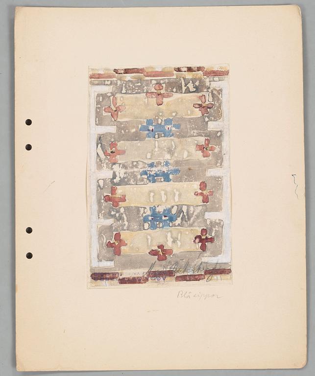 CARPET SKETCHES, 4 sheets. Watercolour and graphite. Three by Agda Österberg and one by Astrid Nyström.