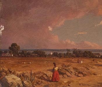 William Daniell Attributed to, View with figures, likely towards the Hooghley River and the Bay of Bengal.