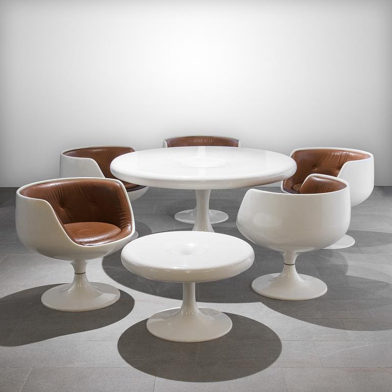 EERO AARNIO, TWO CHANTERELLE TABLES AND FIVE COGNAC CHAIRS. Designed in 1966. Manufactured by Artekno for Asko Oy.