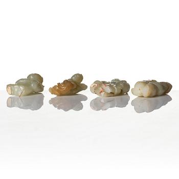 Figuriner, fyra stycken, jade. Qingdynastin, 1800-/1900-tal.