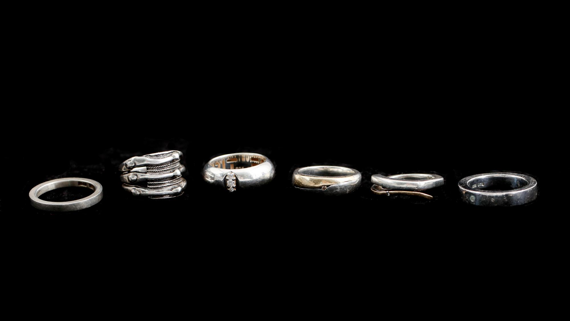 RINGAR, 6 st, silver, bl a From och Esprit. Total vikt ca 45 g.