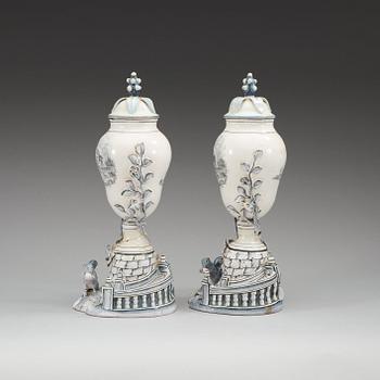 A pair of Swedish Marieberg faience vases with covers, 18th Century.