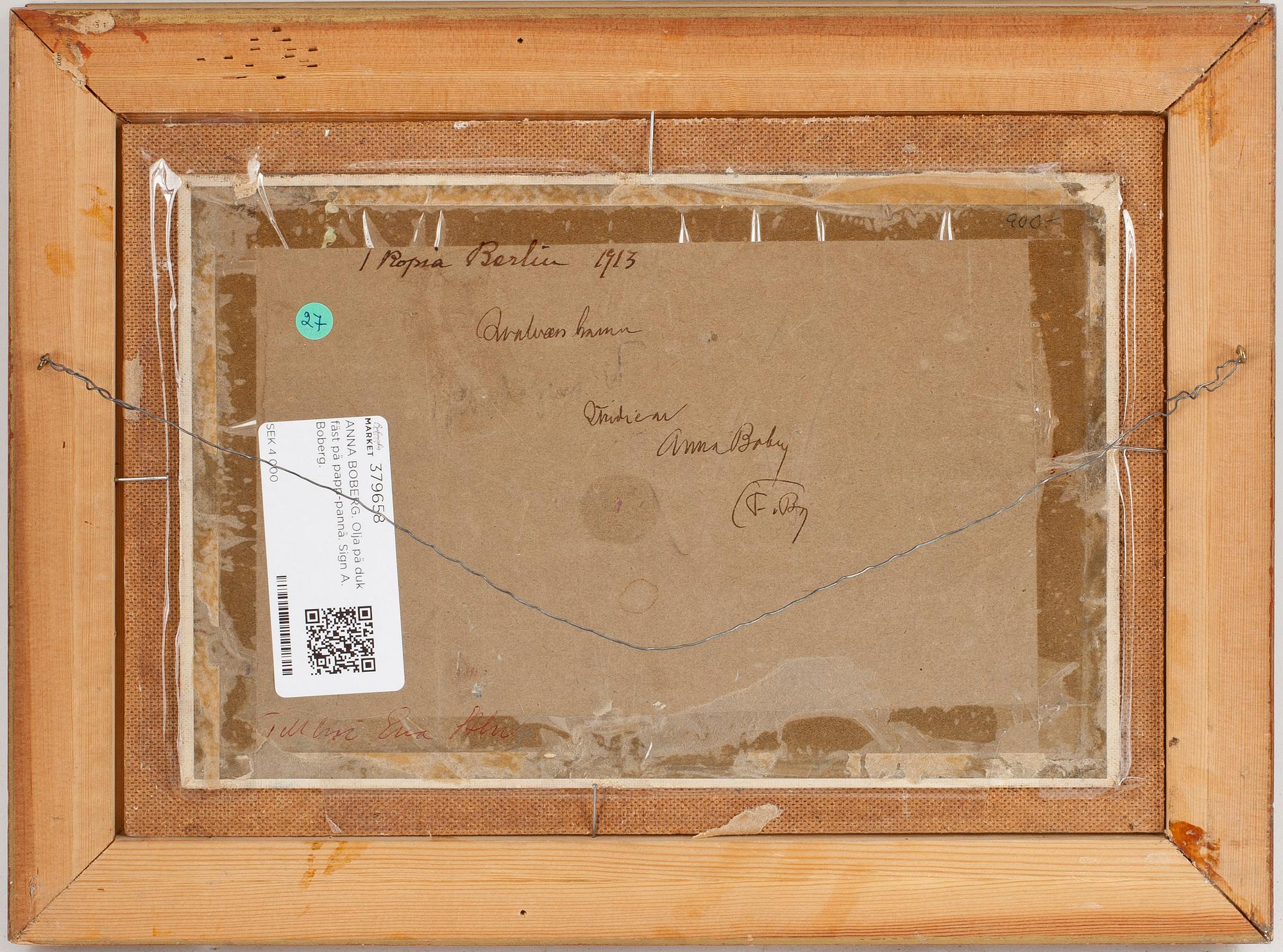 ANNA BOBERG. Olja på duk fäst på papp-pannå. Sign A. Boberg.