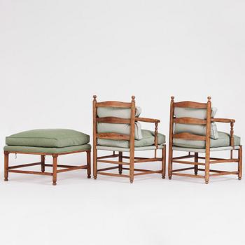 A pair of Gustavian 'Gripsholm' armchairs and an ottoman by J. Hammarström (master 1794-1812).