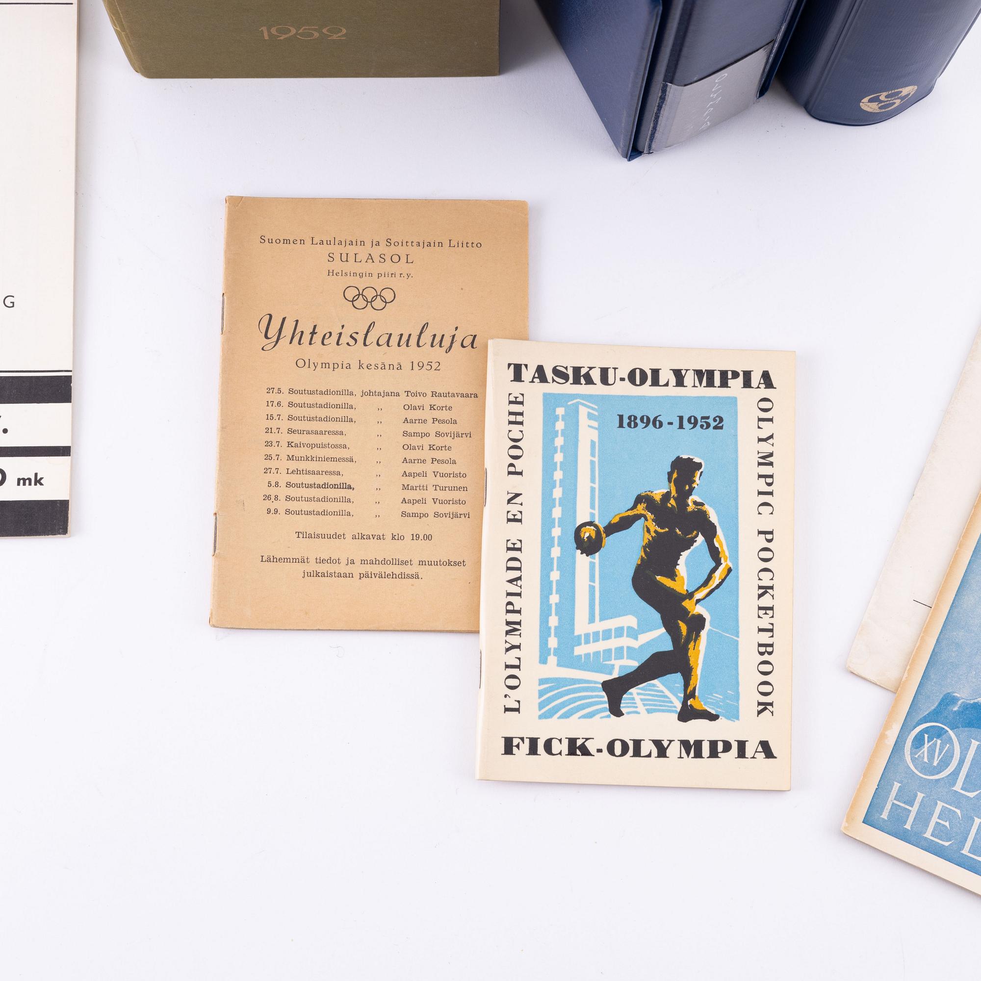 Olympic memorabilia: tickets, stamps, and cards.