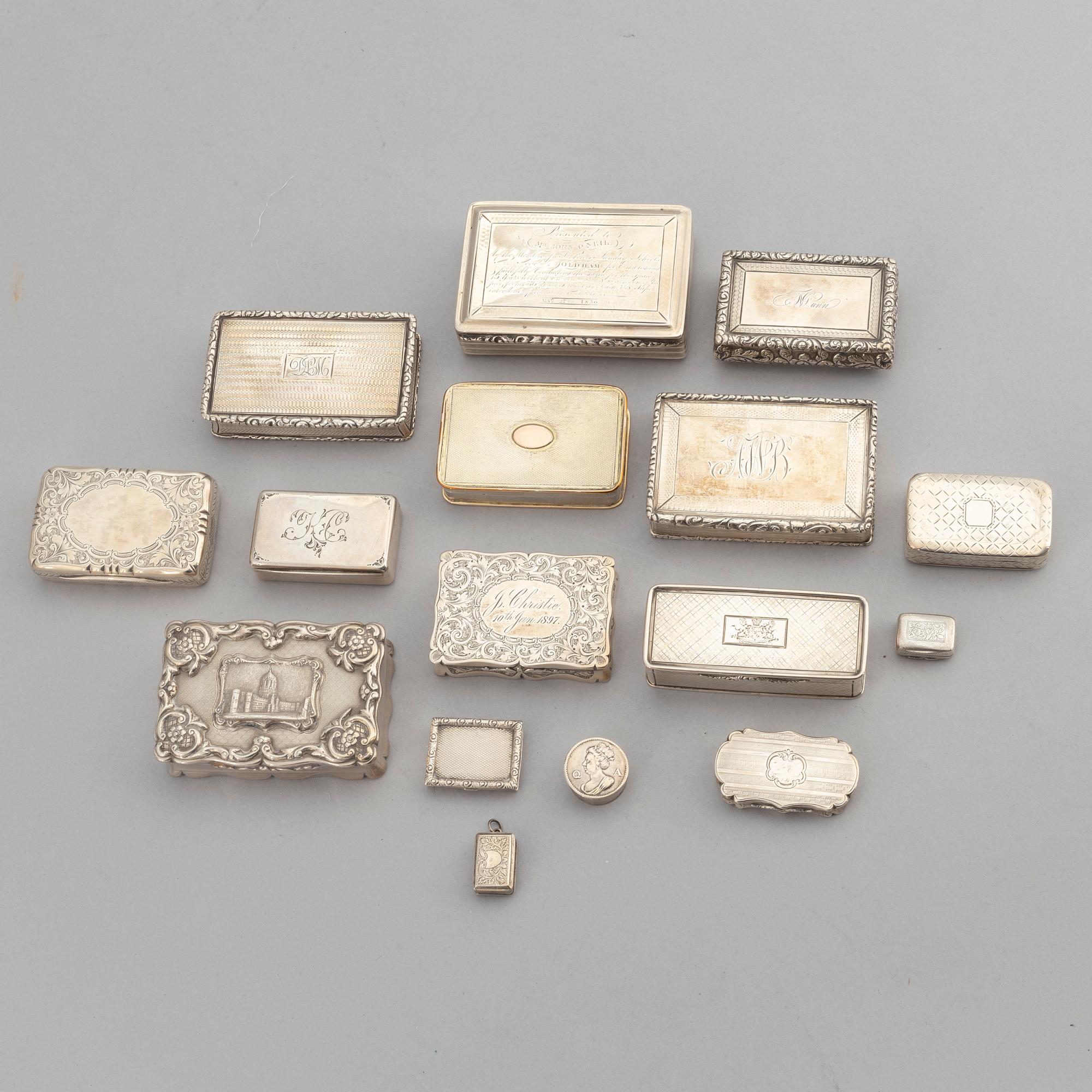 16 silver boxes, including Nathaniel Mills, Birmingham, 1825, John Lint, London, 1816, and Charles Cooke, 1908.