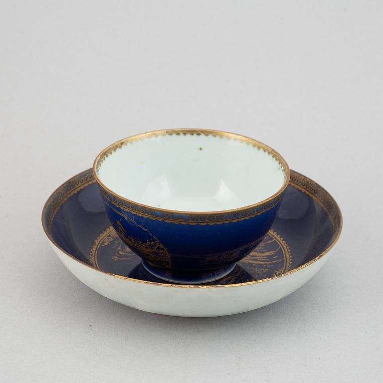 Six powder blue and gilt porcelain cups with saucers, Qing dynasty, Qianlong (1736-95).
