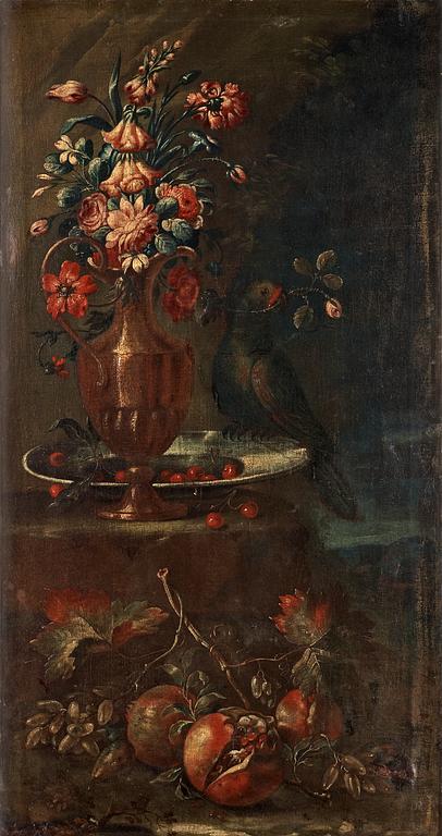 Abate Andrea Belvedere Follower of, Still life with flowers and parrot.