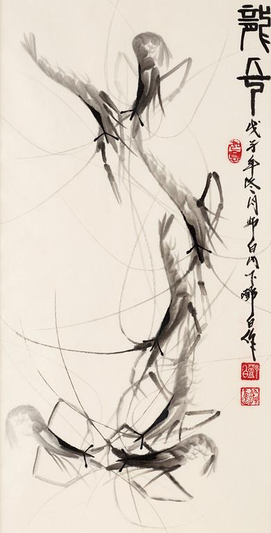 MÅLNING och KALLIGRAFI, räkor av Deng Yuejin (Deng Baiyuejin, 1958-), signerad.