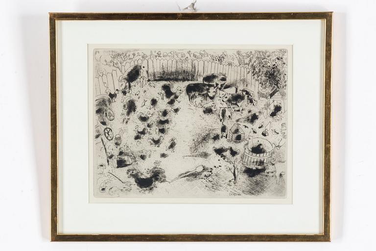 MARC CHAGALL, etsning "La basse-cour" ur: "Les âmes mortes", signerad i plåten.
