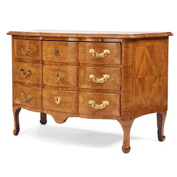 A late Baroque walnut-veneered chest of drawers attributed to J. H. Fürloh (master in Stockholm 1724-1745).