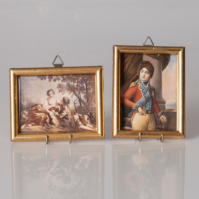 MINIATYYREJÄ, 2 kpl, guassi luulle, toinen signeerattu L. Ordé, 1800-luku.