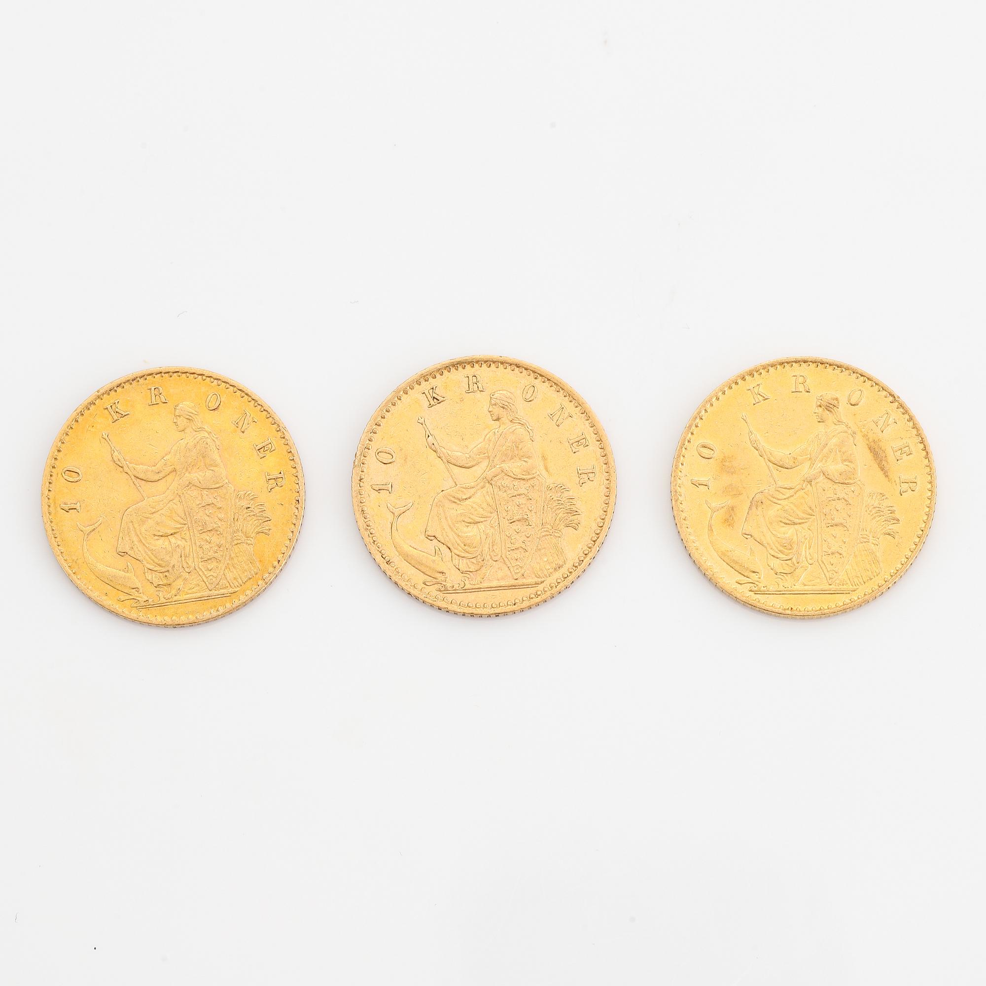 Christian IX, guldmynt 3 st, Danmark, 10 kr, 1873, 1877 och 1900.